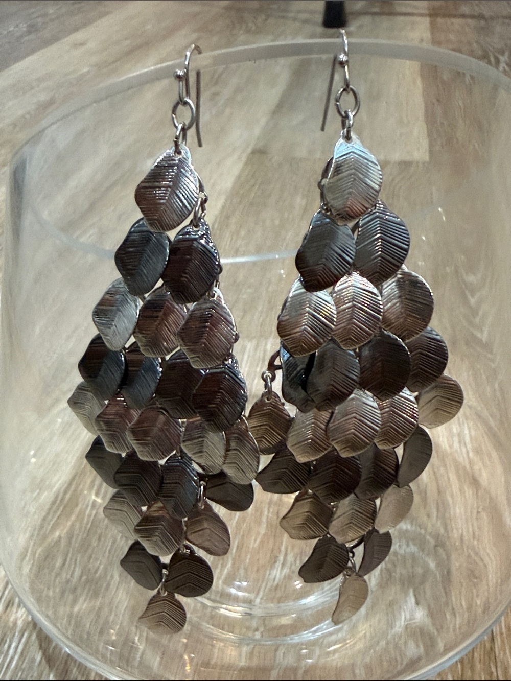 Vintage White House Black Market Gunmetal Layered Leaf Chandelier Earrings 3.5”